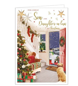 This christmas card for a special son and his wife is decorated with a scene of a hallway complete with christmas tree and stockings on the bannisters. A dog sits looking out of the open front door towards a snowman in the garden. The text on the front of the card reads "For a great Son and Daughter in Law at Christmas".