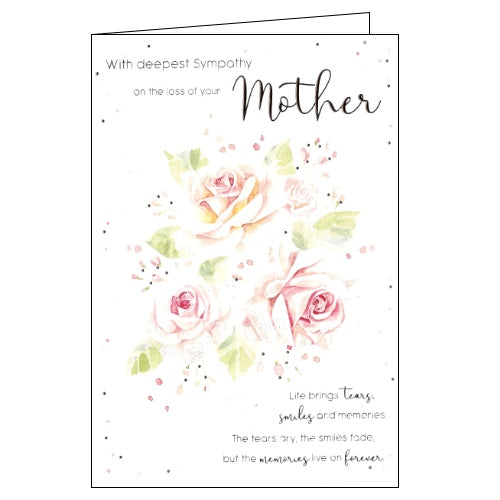 Rose gold text on the front of this sympathy card reads 