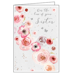 This simple sympathy card is illustrated with delicate, glittery mauve blooms. The text on the front of this card reads "With Heartfelt Sympathy on the loss of your Sister".