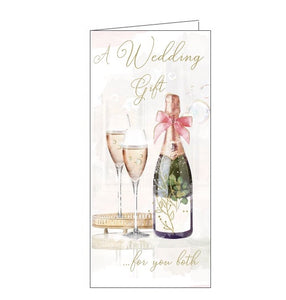 This money wallet is perfect for sending a cash, cheque or voucher for a wedding celebration. This wedding money wallet is decorated with two champagne flutes, filled with bubbly, stand beside a bottle of champagne . Gold text on the front of the card reads "A Wedding Gift...for you both".