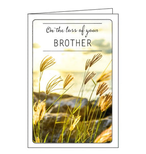 This simple sympathy card is decorated with a photograph of reeds by the sea, at sunset. The text on the front of this card reads "On the loss of your Brother".