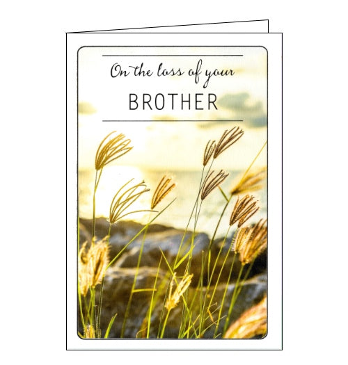 This simple sympathy card is decorated with a photograph of reeds by the sea, at sunset. The text on the front of this card reads 