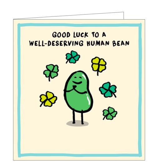 This good luck card is decorated with a green cartoon bean surrounded by four-leafed clovers. The text on the front of the card reads 