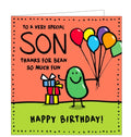 One of the quirky Human Bean greetings card range.  A smiley bean holds a bunch of colourful balloons on this birthday card for a special son. The text on the front of the cards reads “To a very special SON, thanks for being so much fun....Happy Birthday”