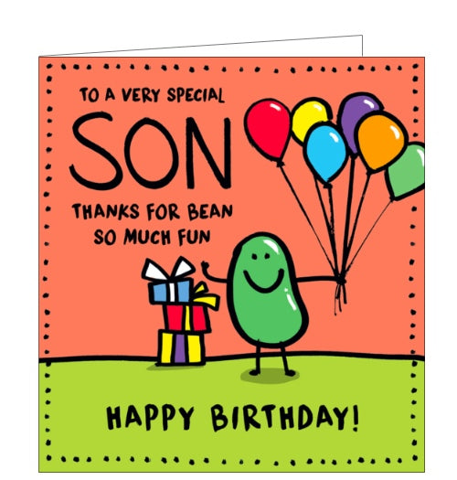 One of the quirky Human Bean greetings card range.  A smiley bean holds a bunch of colourful balloons on this birthday card for a special son. The text on the front of the cards reads “To a very special SON, thanks for being so much fun....Happy Birthday”