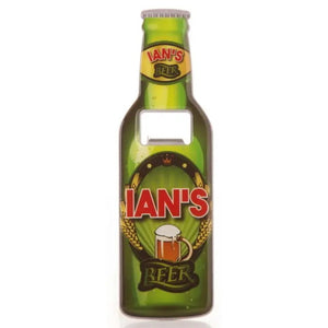 A perfect gift for Father's Day, birthdays or just because, this personalised bottle opener is designed to look like a crown-capped bottle of beer - complete with labels that read "Ian's Beer".