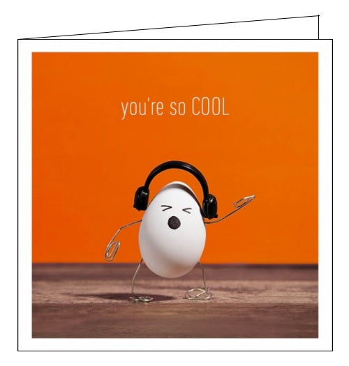 This cute and quirky greetings card is sure to brighten anyone's day. The card is decorated with a photograph of an egg - with paperclip arms and legs wearing a pair of tiny headphones and rocking out. Text on the front of the card reads 