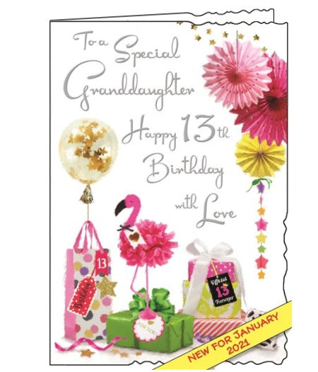 Jonny Javelin greetings cards combine detailed illustrations with heartfelt messages. This 13th Birthday card for a special Granddaughter is decorated with a a spread of birthday gifts, steamers, confetti-filled balloons and a bright pink flamingo!  Silver text on the front of the card reads 