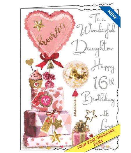 Jonny Javelin greetings cards combine detailed illustrations with heartfelt messages. This 16th Birthday card for a special Daughter is decorated with a tall stack of glittery birthday presents, cards and birthday cupcakes.  Silver text on the front of the card reads 