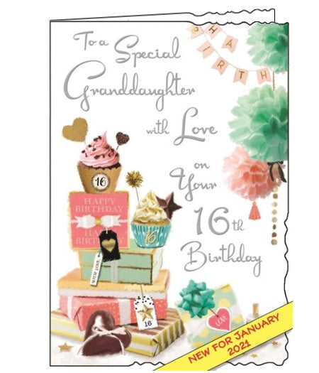 Jonny Javelin greetings cards combine detailed illustrations with heartfelt messages. This 16th Birthday card for a special Granddaughter is decorated with a tall stack of glittery birthday presents, cards and birthday cupcakes.  Silver text on the front of the card reads "To a Special Granddaughter with Love on your 16th Birthday".