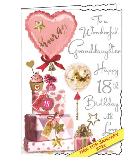 Jonny Javelin greetings cards combine detailed illustrations with heartfelt messages. This 18th Birthday card for a special Granddaughter is decorated with a tall stack of birthday presents, topped off with a pink heart-shaped balloon. Silver text on the front of the card reads 