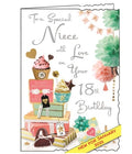 Jonny Javelin greetings cards combine detailed illustrations with heartfelt messages. This 18th Birthday card for a special Niece is decorated with a tall stack of glittery birthday presents, cards and birthday cupcakes.  Silver text on the front of the card reads "To a Special Niece with Love on your 18th Birthday".
