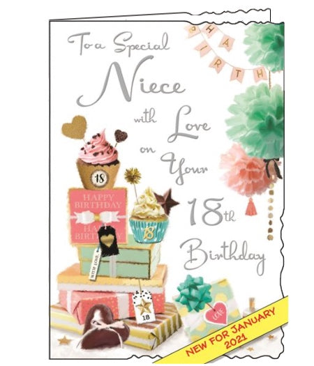 Jonny Javelin greetings cards combine detailed illustrations with heartfelt messages. This 18th Birthday card for a special Niece is decorated with a tall stack of glittery birthday presents, cards and birthday cupcakes.  Silver text on the front of the card reads 