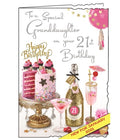 Jonny Javelin greetings cards combine detailed illustrations with heartfelt messages. This 21st Birthday card for a special Granddaughter is decorated with an array of birthday goodies - from a beautifully decorated birthday cake to plenty of champagne and cocktails.  Silver text on the front of the card reads "To a Special Granddaughter on your 21st Birthday".