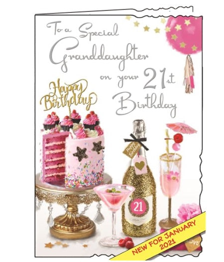Jonny Javelin greetings cards combine detailed illustrations with heartfelt messages. This 21st Birthday card for a special Granddaughter is decorated with an array of birthday goodies - from a beautifully decorated birthday cake to plenty of champagne and cocktails.  Silver text on the front of the card reads "To a Special Granddaughter on your 21st Birthday".