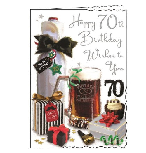 Jonny Javelin cards combine beautiful, detailed illustrations with heartfelt words. This 70th birthday card shows a beautifully wrapped bottle of wine and a tankard of birthday beer, surrounded by ribbons, streamers and birthday treats. Silver metallic text on the front of the card reads "Happy 70th Birthday Wishes to You".