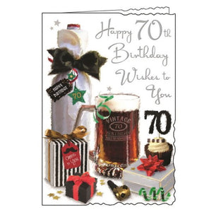 Jonny Javelin cards combine beautiful, detailed illustrations with heartfelt words. This 70th birthday card shows a beautifully wrapped bottle of wine and a tankard of birthday beer, surrounded by ribbons, streamers and birthday treats. Silver metallic text on the front of the card reads "Happy 70th Birthday Wishes to You".