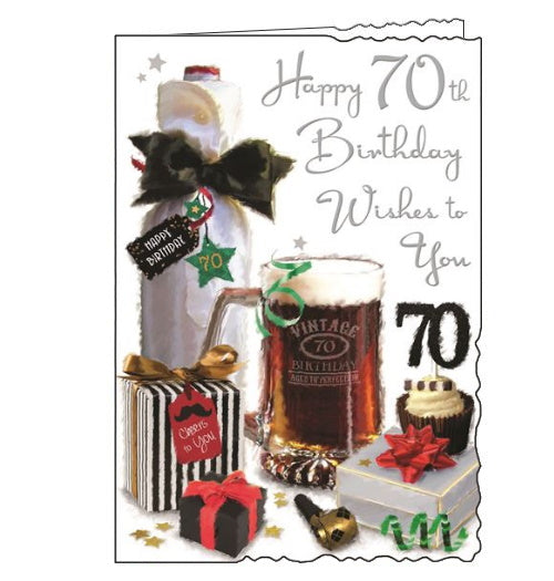 Jonny Javelin cards combine beautiful, detailed illustrations with heartfelt words. This 70th birthday card shows a beautifully wrapped bottle of wine and a tankard of birthday beer, surrounded by ribbons, streamers and birthday treats. Silver metallic text on the front of the card reads 