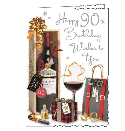 Jonny Javelin cards combine beautiful, detailed illustrations with heartfelt words. This 90th birthday card shows a beautifully wrapped bottle of red wine, surrounded by ribbons and birthday treats. Silver metallic text on the front of the card reads 
