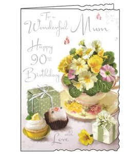 This 90th birthday card for a very special Mum is illustrated with a vintage china teacup blooming with pink flowers, and surrounded by dainty cakes and gifts. The text on the front of the card reads "To a Wonderful Mum, Happy 90th Birthday With Love".