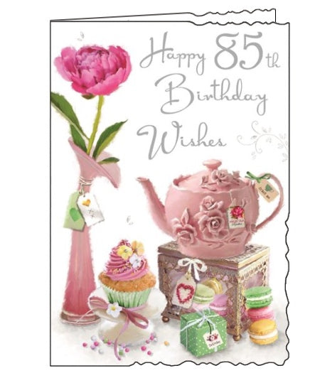 Jonny Javelin greetings cards combine detailed illustrations with heartfelt messages. This 85th Birthday card is decorated with an array of treats for a birthday tea - colourful macarons, a pink teapot, a birthday cupcake and, of course, gifts! Silver text on the front of the card reads 