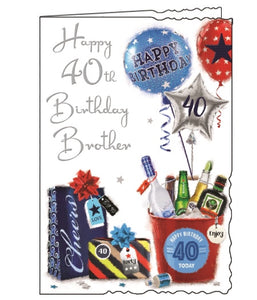 This Jonny Javelin 40th birthday card is decorated with an arrangement of birthday presents, balloons and treats. Silver text on the front of the card reads "Happy 40th Birthday Brother."