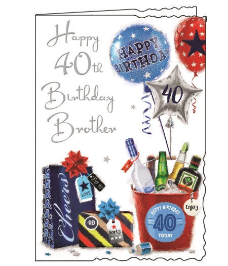 This Jonny Javelin 40th birthday card is decorated with an arrangement of birthday presents, balloons and treats. Silver text on the front of the card reads 