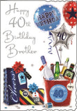 This Jonny Javelin 40th birthday card is decorated with an arrangement of birthday presents, balloons and treats. Silver text on the front of the card reads "Happy 40th Birthday Brother."