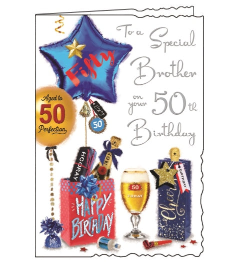 This Jonny Javelin 50th birthday card is decorated with an arrangement of birthday presents, balloons and treats. Silver text on the front of the card reads 