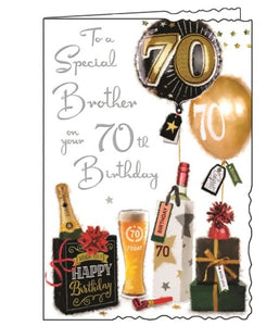 This Jonny Javelin 70th birthday card is decorated with an arrangement of birthday presents, balloons and treats. Silver text on the front of the card reads "To a Special Brother on your 70th Birthday with love."