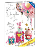 Jonny Javelin greetings cards combine detailed illustrations with heartfelt messages. This 13th Birthday card for a special Daughter is decorated with a a spread of birthday gifts, steamers, confetti-filled balloons and a big birthday cupcake!  Silver text on the front of the card reads "To a Special Daughter with Love, Happy 13th Birthday".
