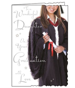 This graduation card for a special daughter is decorated with a young woman in graduation robes, holding her diploma. Silver text on the front of the card reads "To a Wonderful Daughter with love on your Graduation."