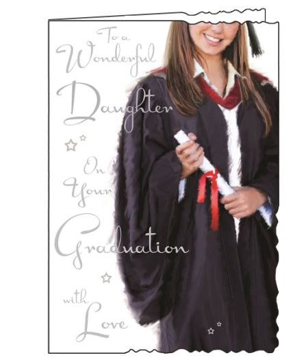 This graduation card for a special daughter is decorated with a young woman in graduation robes, holding her diploma. Silver text on the front of the card reads 