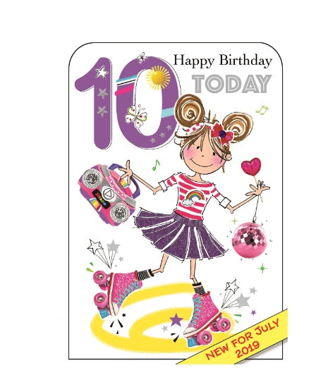 This 10th birthday card is decorated with a cartoon image of a girl wearing pink roller skates carrying a boombox in one hand and a pink glitterball in the other. The text on the front of the card reads 
