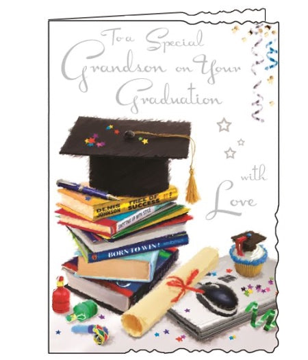This graduation card for a special grandson is decorated with a graduation cap perched on top of a stack of books. Silver text on the front of the card reads 