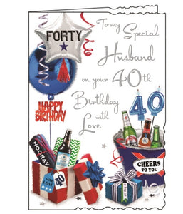 This Jonny Javelin 40th birthday card is decorated with an arrangement of birthday presents, balloons and treats. Silver text on the front of the card reads "To my Special Husband on your 40th Birthday With Love."  The card is finished with a dusting of glitter.