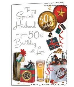 This Jonny Javelin 50th birthday card is decorated with an arrangement of birthday presents, balloons and treats. Silver text on the front of the card reads "To my Special Husband on your 50th Birthday With Love."  The card is finished with a dusting of glitter.