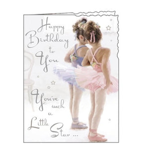 Jonny Javelin birthday cards combine detailed illustrations with heartfelt messages. This birthday card is illustrated with an adorable illustration of two young ballerinas. The text on the front of the card reads "Happy Birthday to You, You're such a Little Star"