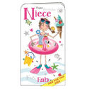 This birthday card from Jonny Javelin features an illustration of a young girl dressed ready for a pool party - complete with ice cream, flippers and a rubber ring. The text on the front of the card reads "Happy Birthday Niece".