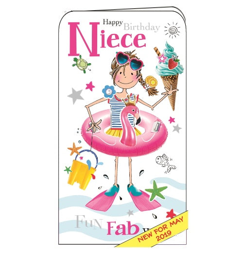 This birthday card from Jonny Javelin features an illustration of a young girl dressed ready for a pool party - complete with ice cream, flippers and a rubber ring. The text on the front of the card reads "Happy Birthday Niece".