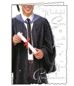 This graduation card for a special Son is decorated with a young man in graduation robes, holding his diploma. Silver text on the front of the card reads "To a Wonderful Son with love on your Graduation."