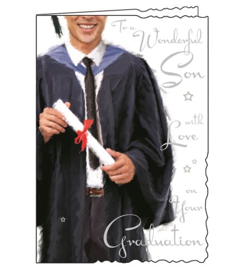 This graduation card for a special Son is decorated with a young man in graduation robes, holding his diploma. Silver text on the front of the card reads 