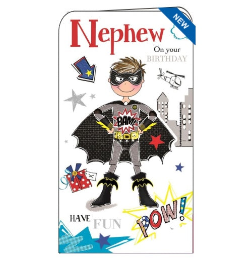 This birthday card from Jonny Javelin features an illustration of a young lad dressed as a superhero - complete with bat shaped accessories. The text on the front of the card reads 