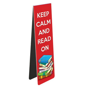 This magnetic book mark is decorated in the style of the iconic Keep Calm and Carry On poster - with white text that reads "Keep Calm and Read On" against a bright red background.