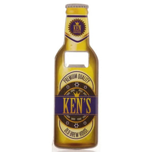 A perfect gift for Father's Day, birthdays or just because, this personalised bottle opener is designed to look like a crown-capped bottle of beer - complete with labels that read "Ken - King of Beer around the neck and and "Keith's - Premium Quality - Old Brew House" across the middle.