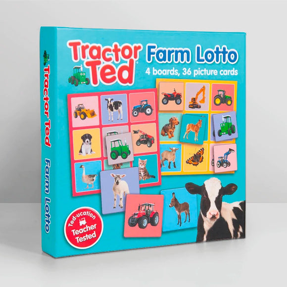 A fun game for all the family, this farm lotto game includes four 4 durable boards each printed with 9 pictures of Tractor Ted, Midge the dog and other farm friends, to play farm lotto aim to be the first player sort through the included 36 picture cards and match the pictures on your lotto board.