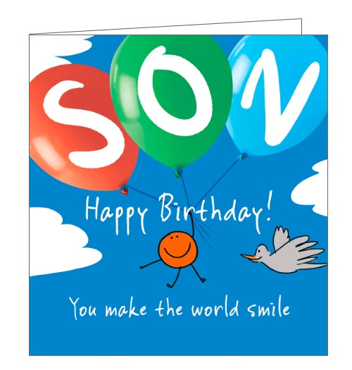 Three large colourful balloons carry a quirky orange smiley character up into a blue sky on this birthday card for a special son. The text on the front of the cards reads “SON Happy Birthday….You make the world smile.