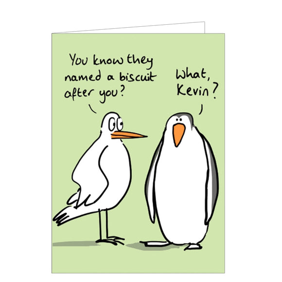 Perfect for birthdays or just because, this funny greetings funny card is decorated with a cartoon seagull talking to a penguin. The seagull says 