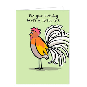 This funny and cheeky birthday card is decorated with a cartoon cockerel in fine plumage. The caption on the front of the card reads "For your birthday here's a lovely cock".