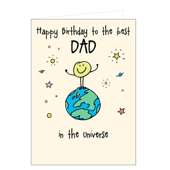 A smiley character stands on top of a cartoon globe on the front of this birthday card for a special dad. The caption on the front of the card reads 